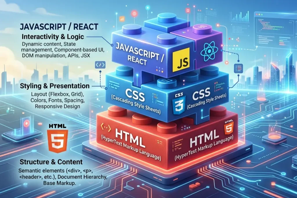 HTML CSS JavaScript development stack layered diagram for frontend web development
