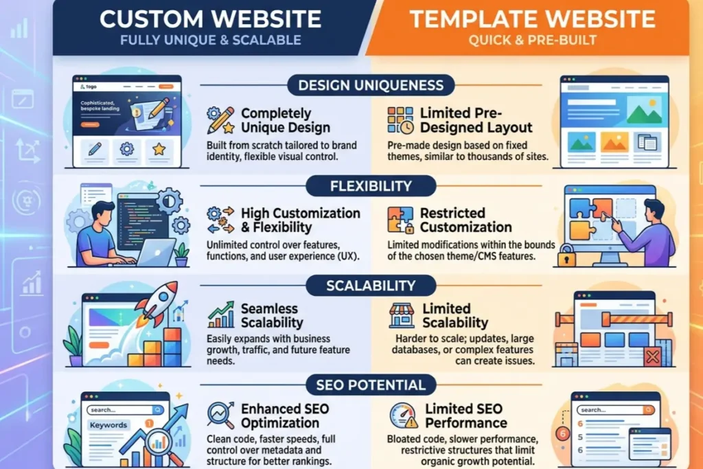Custom website development vs template website comparison for businesses