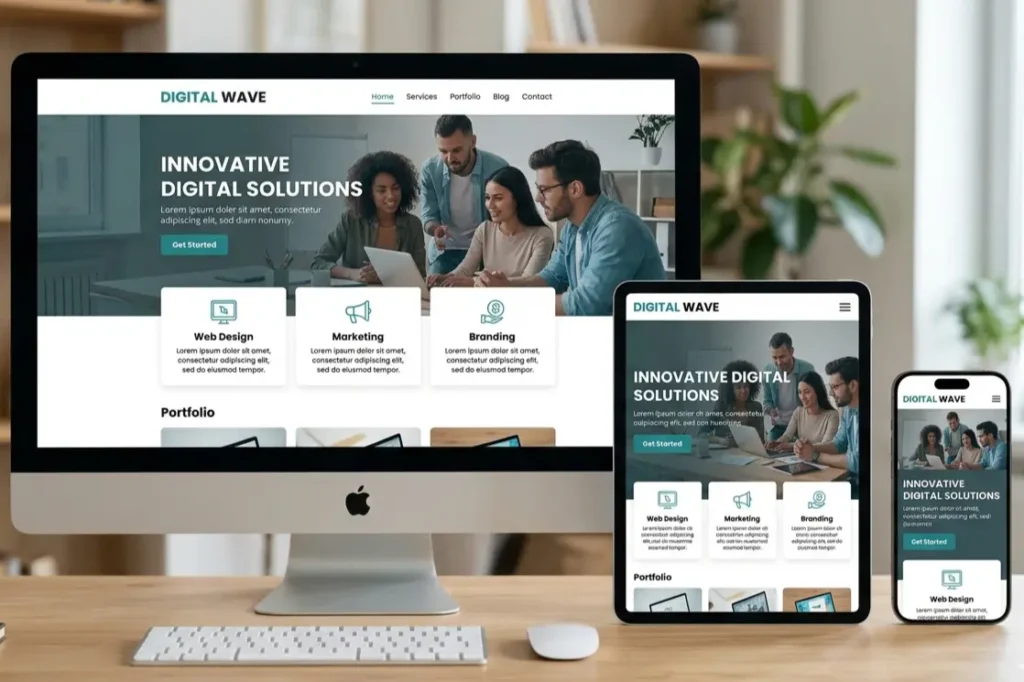 Responsive web design services showing website layout across desktop tablet and mobile devices