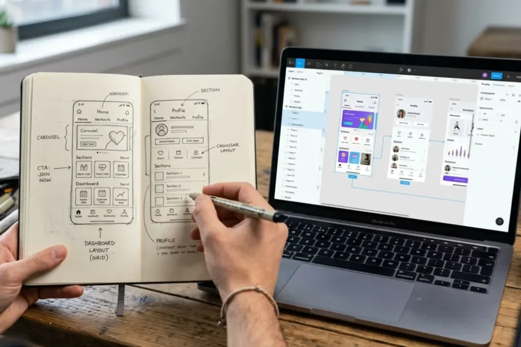Wireframing and prototyping process in UI UX design showing how Resource Geeks Networks builds high-converting websites