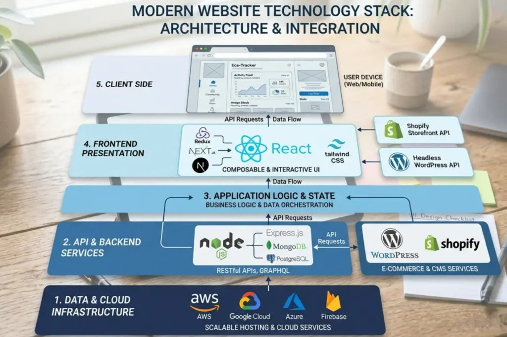 Modern website development technology stack including React Node.js and WordPress