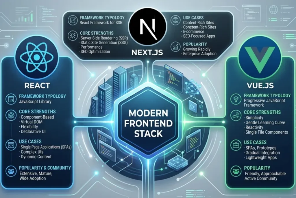 Modern frontend frameworks for websites including React Next.js and Vue.js icons