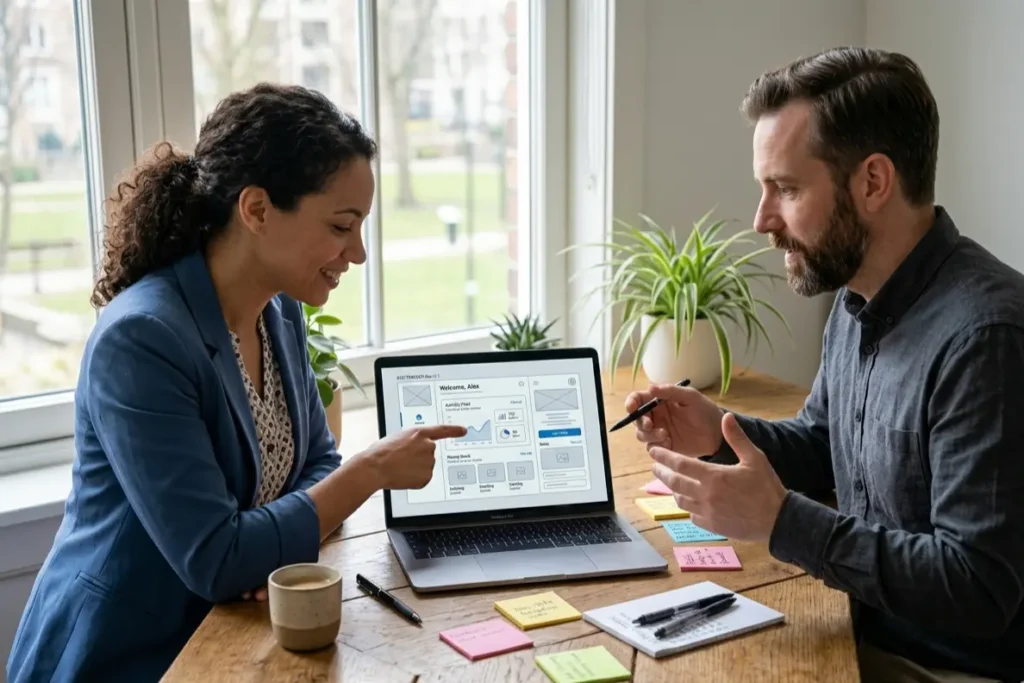 Business owner reviewing website development proposal with agency team