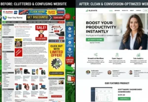 UI UX design for websites comparison showing poor design vs high-converting web interface design by Resource Geeks Networks