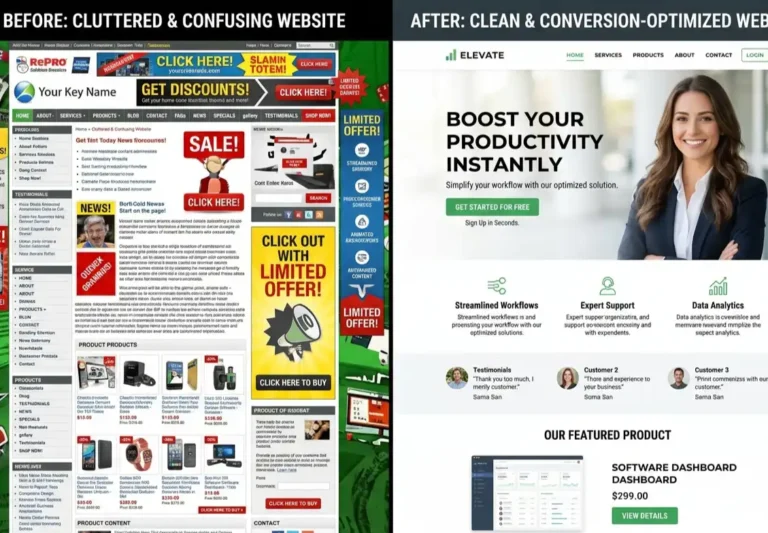 UI UX design for websites comparison showing poor design vs high-converting web interface design by Resource Geeks Networks