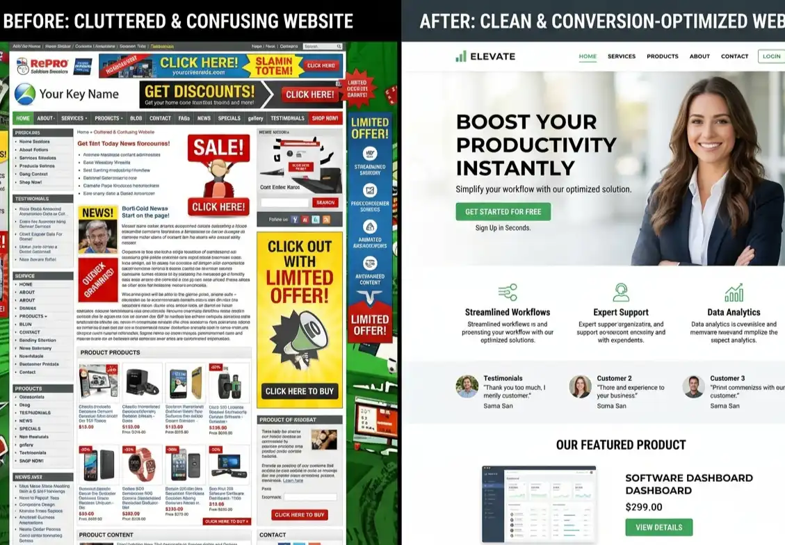 UI UX design for websites comparison showing poor design vs high-converting web interface design by Resource Geeks Networks