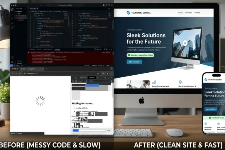 Professional frontend development services showing responsive website design on desktop and mobile devices