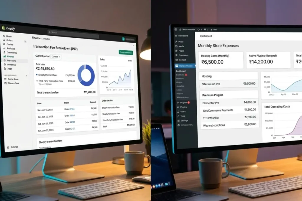 Shopify vs WooCommerce India cost comparison dashboard showing rupee transaction fees and hosting costs for Indian D2C brands 2026