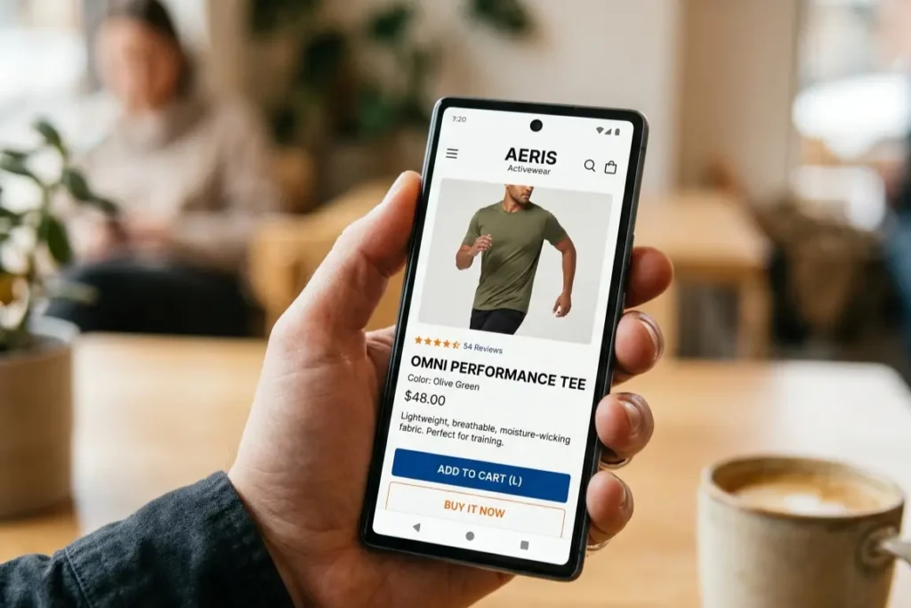 Mobile-first D2C ecommerce website product page on Android phone showing thumb-friendly design India D2C website features