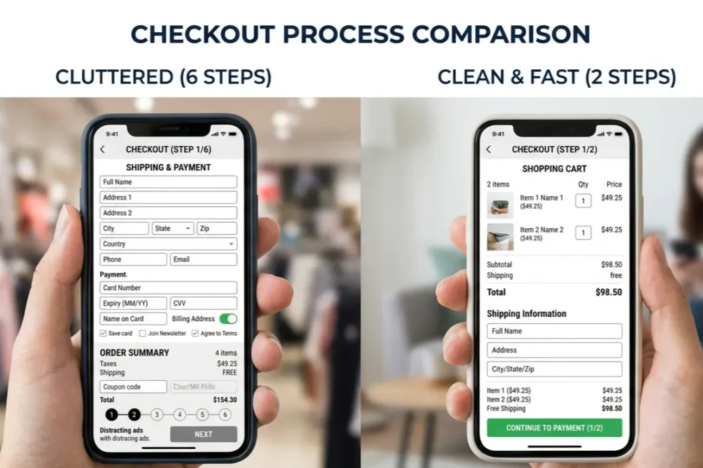 ecommerce checkout optimization india mobile before after comparison reducing friction. ecommerce conversion rate optimization india.