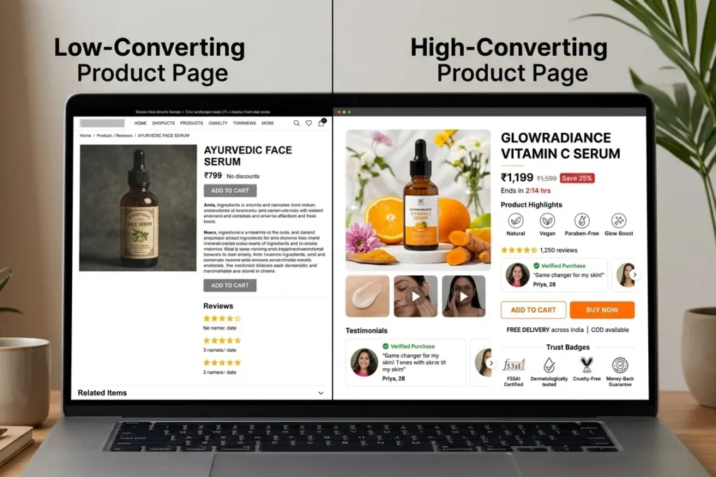 ecommerce product page design india low converting vs high converting comparison