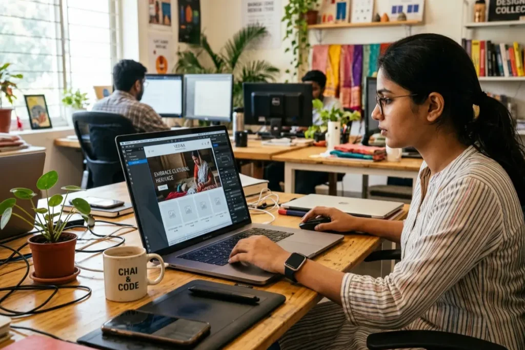 Webflow no-code visual editor being used by an Indian web designer to build a business website in 2026