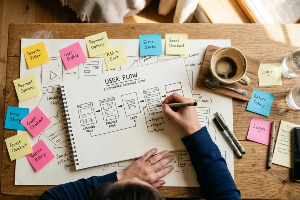UI UX and Branding Meetup Bangalore. Designer sketching branding and UI UX user flow at design workshop Koramangala Bangalore