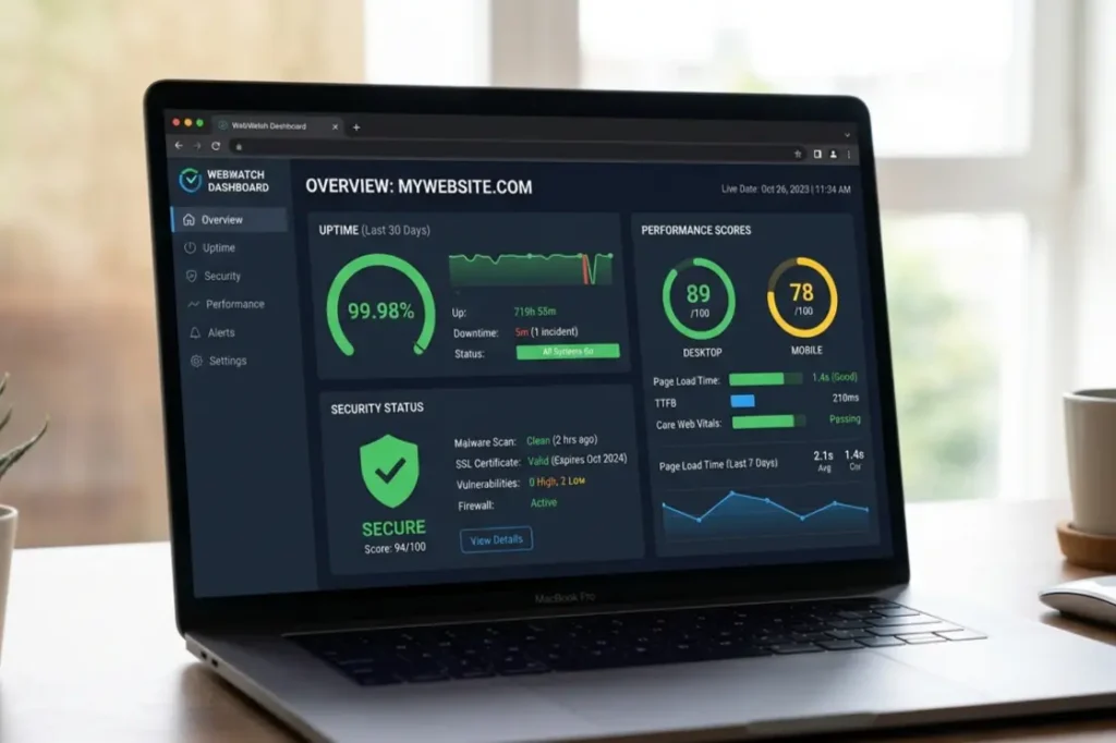 Website support services dashboard showing real-time performance and security monitoring