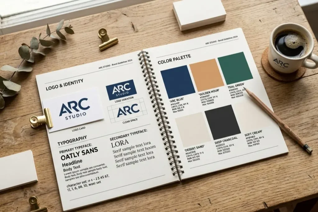 Open brand style guide with colour swatches and typography samples on a studio desk. This is how to create a brand style guide
