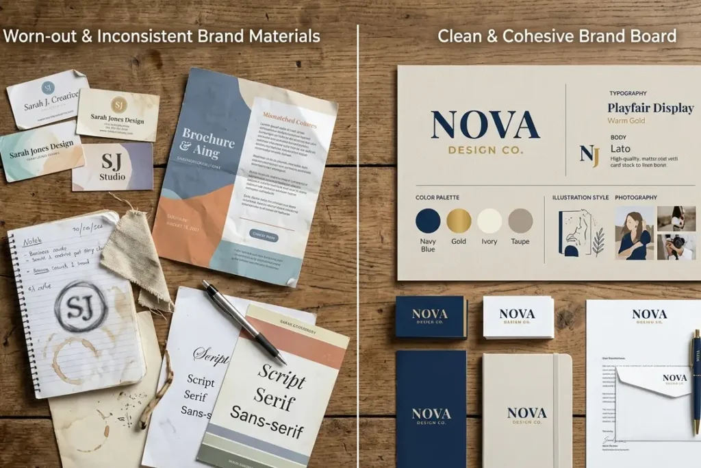 inconsistent brand identity compared to cohesive rebranded brand system for Indian business owner. Rebranding Strategy Guide