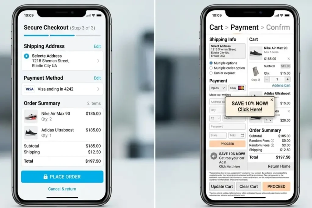 Comparison of good and bad UI UX design showing how button clarity affects checkout decisions.