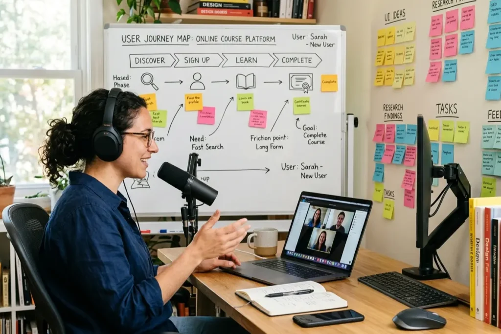 UX researcher conducting user interviews during the discovery phase of the UI UX design process