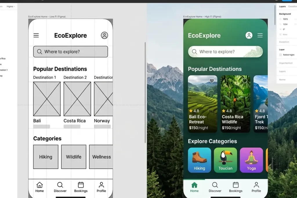 Figma wireframing tool showing low fidelity and high fidelity UI UX design stages side by side