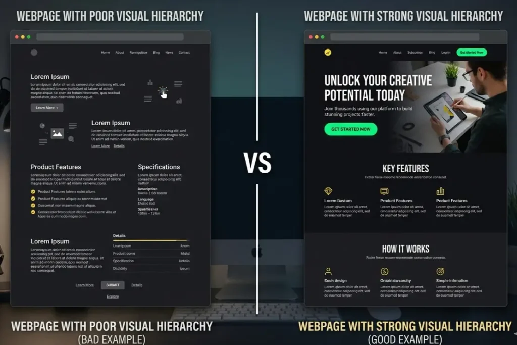 Visual hierarchy UI UX design principle showing contrast between poor and strong page structure