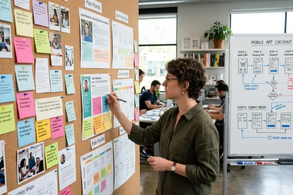 UI UX designer reviewing user research notes and user flow diagram during a design project