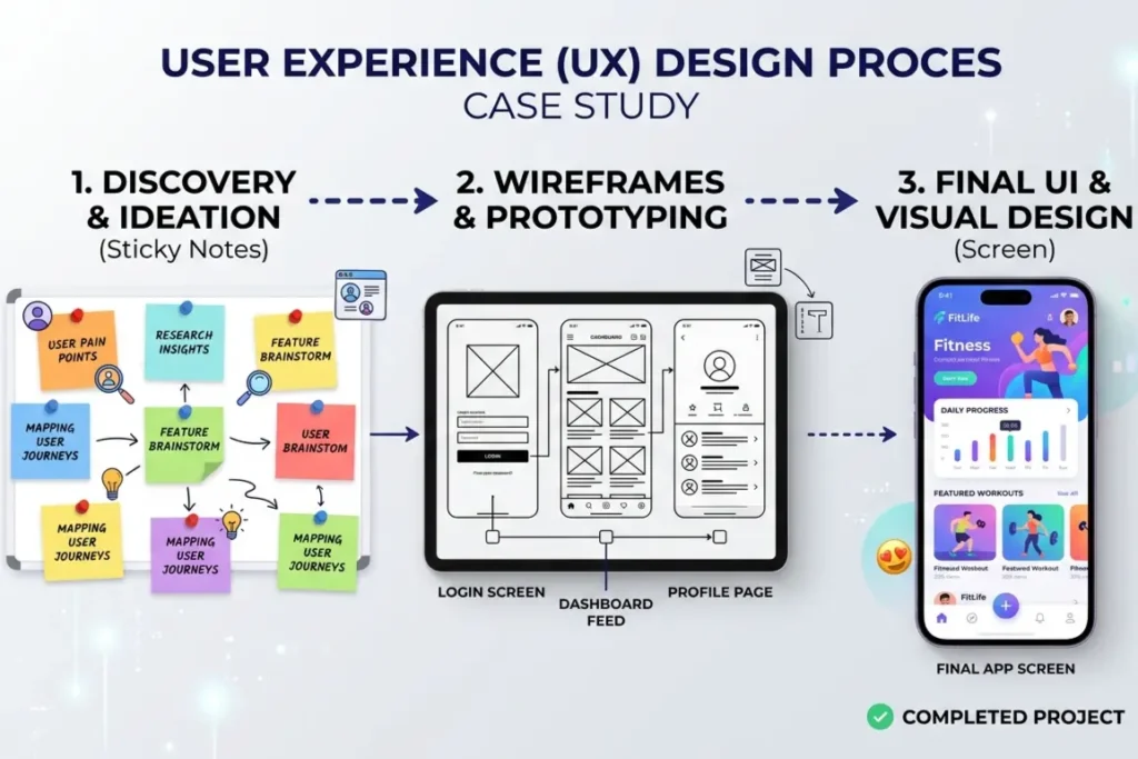 UX case study process showing research sticky notes wireframes and final UI screens for portfolio