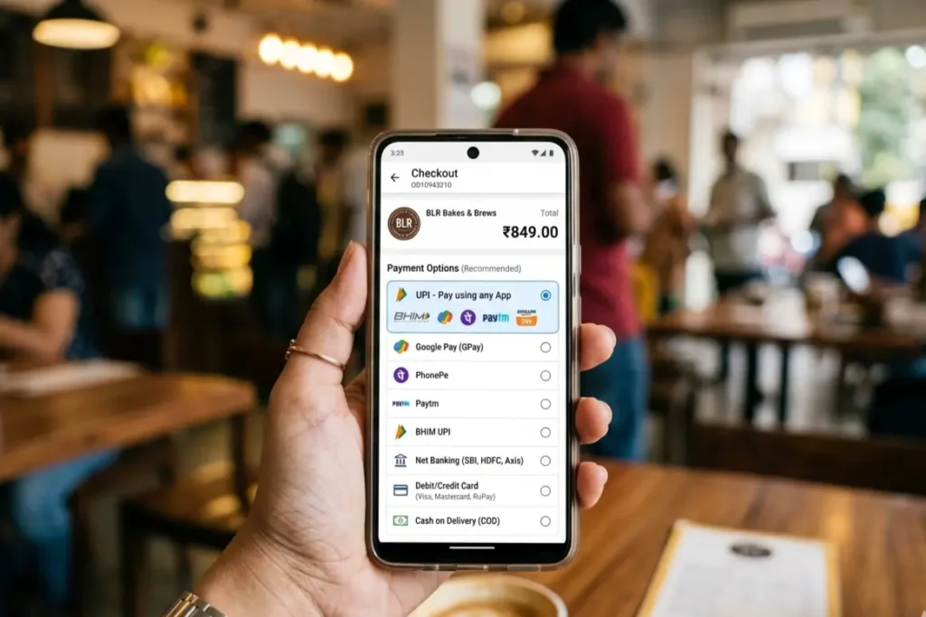 Indian D2C ecommerce checkout showing UPI Razorpay integration as first payment option mobile view