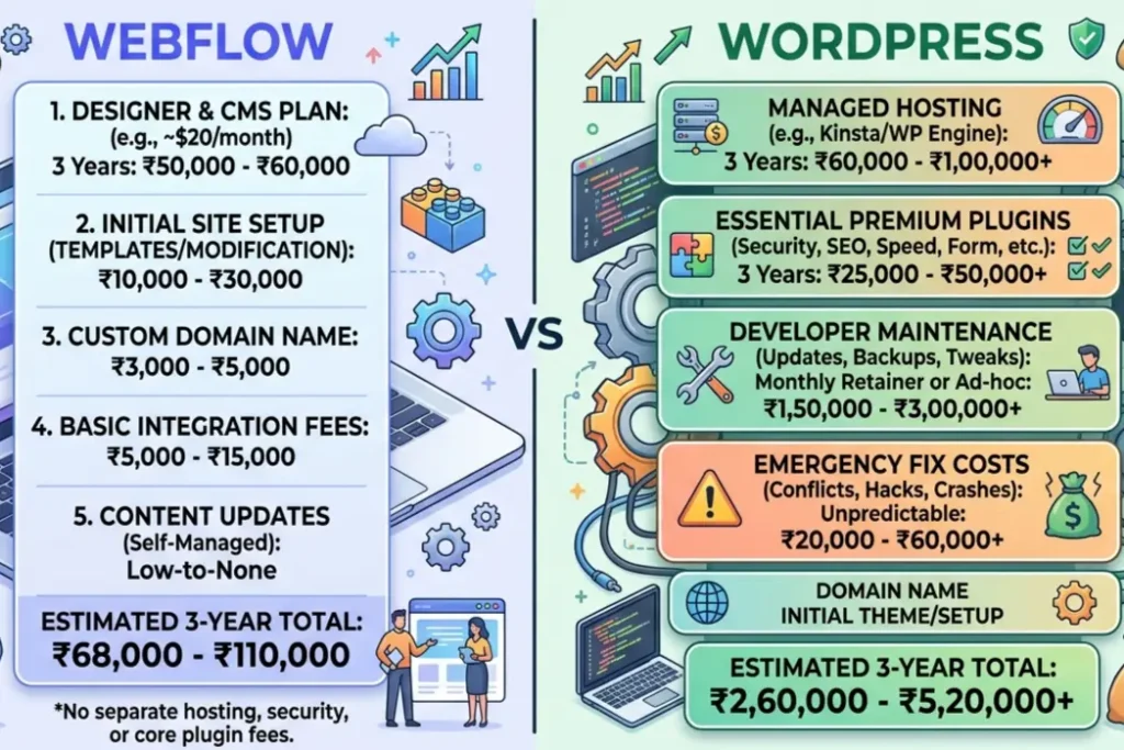 Webflow vs WordPress cost comparison India 2026, 3-year total ownership breakdown in INR for Indian SMEs