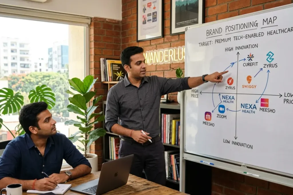 Brand strategist at branding agency in Bangalore explaining positioning framework to startup founder on whiteboard