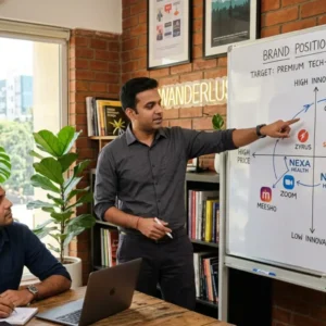 Brand strategist at branding agency in Bangalore explaining positioning framework to startup founder on whiteboard
