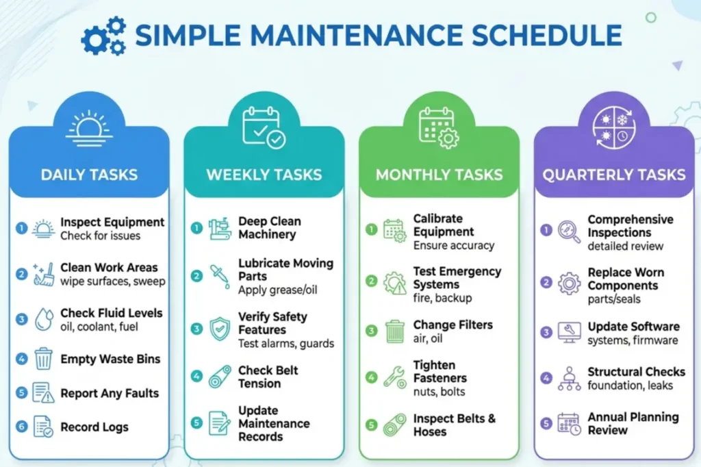 Website updates and maintenance schedule showing daily backups, weekly checks, and monthly performance reviews