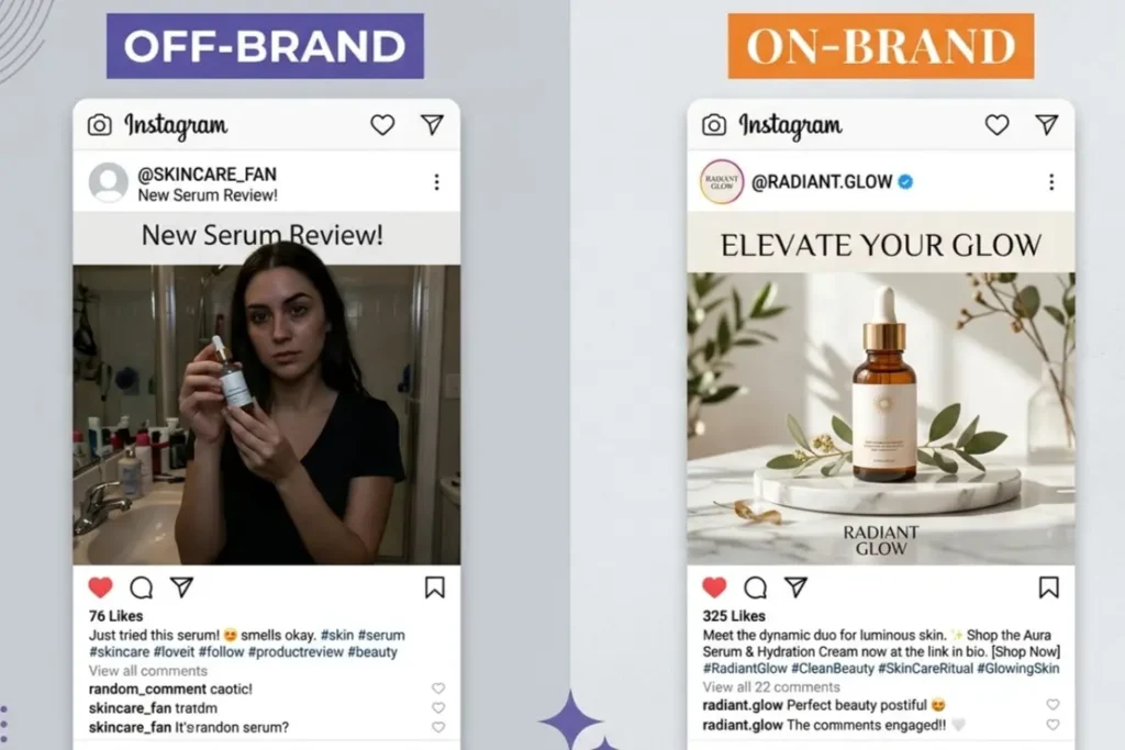 Side-by-side comparison of off-brand versus on-brand Instagram post showing visual consistency difference