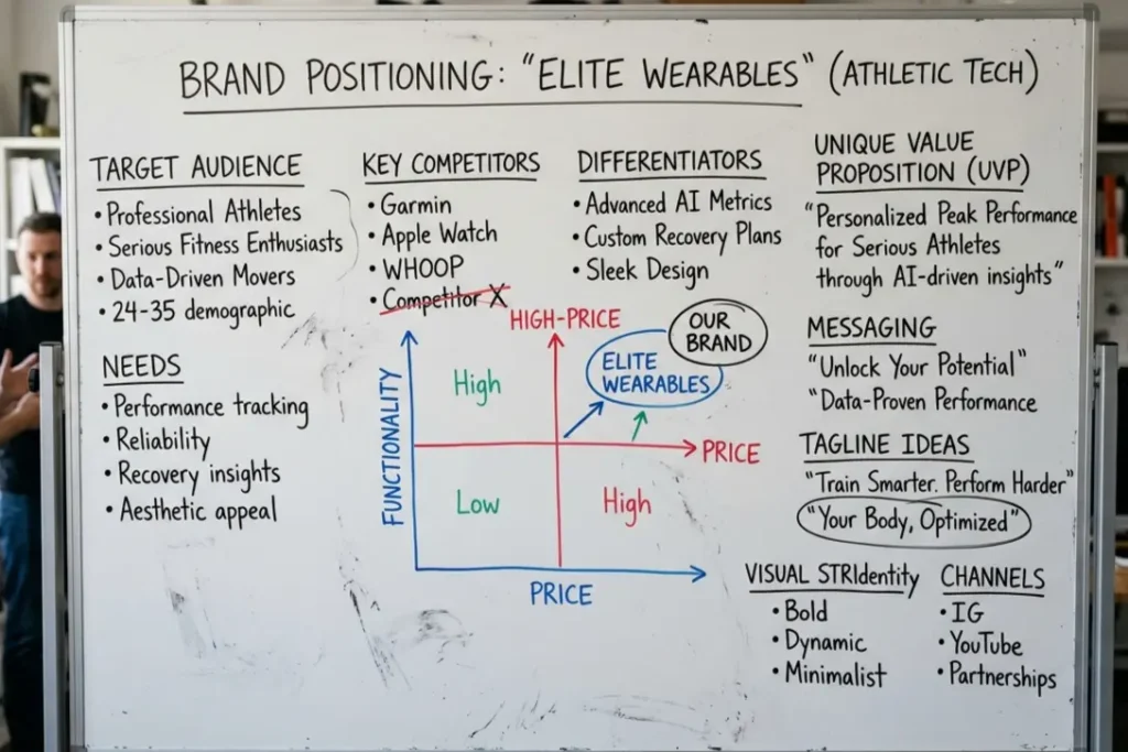 Brand positioning framework written on whiteboard, how to build a startup brand from scratch India