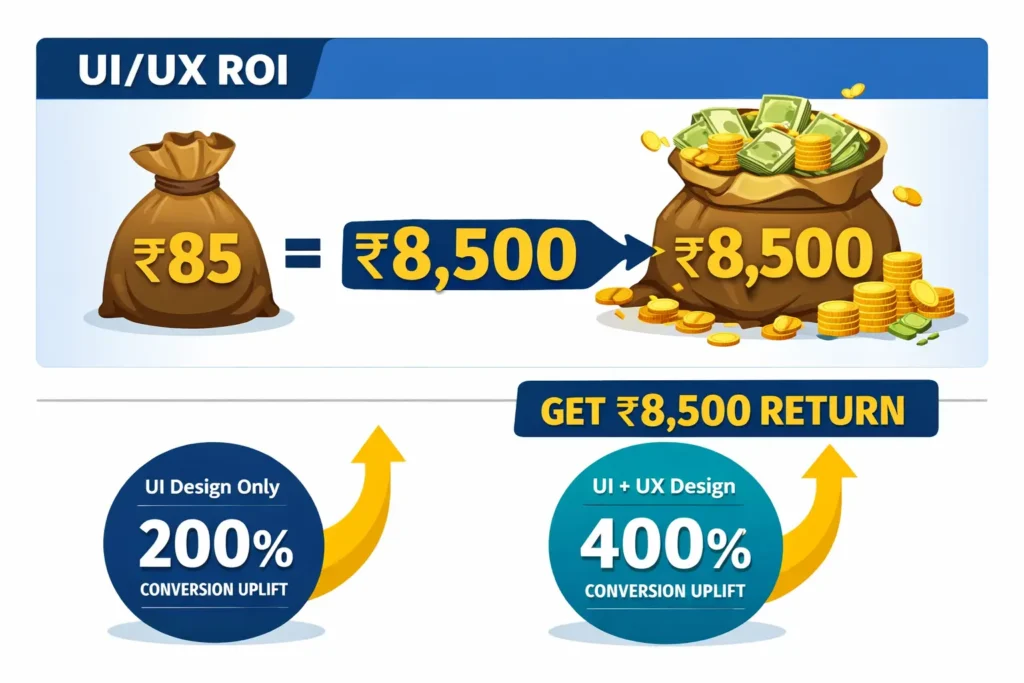 UI UX design ROI statistics infographic showing revenue and conversion impact for Indian businesses.