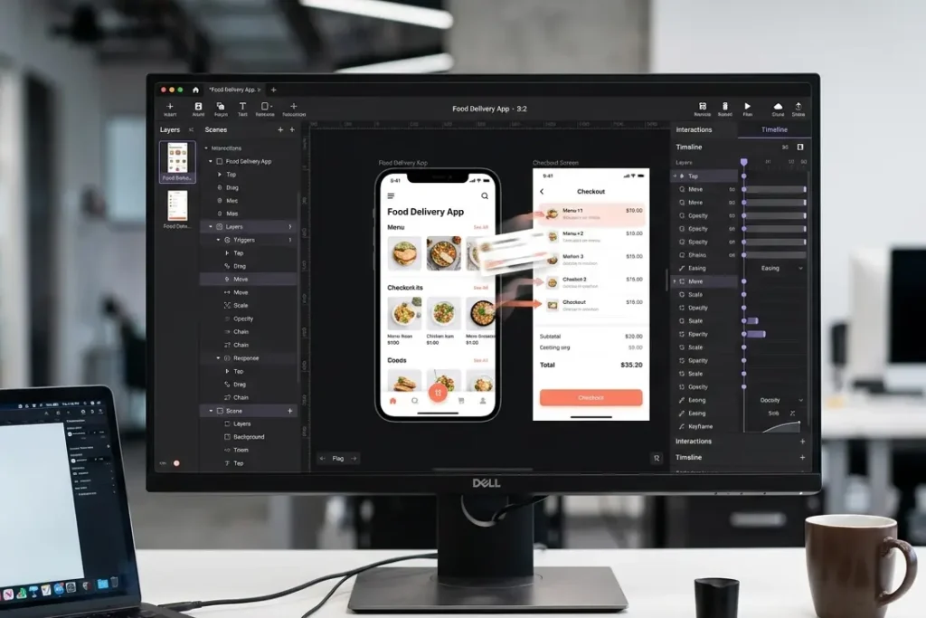 ProtoPie prototyping tool showing advanced UI UX design interaction layers for a mobile product