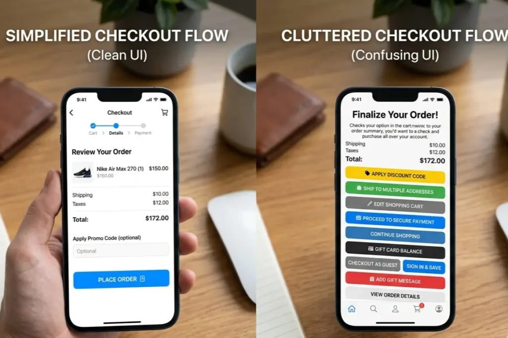 Hick's Law UI UX design principle example showing single CTA versus multiple competing actions on mobile