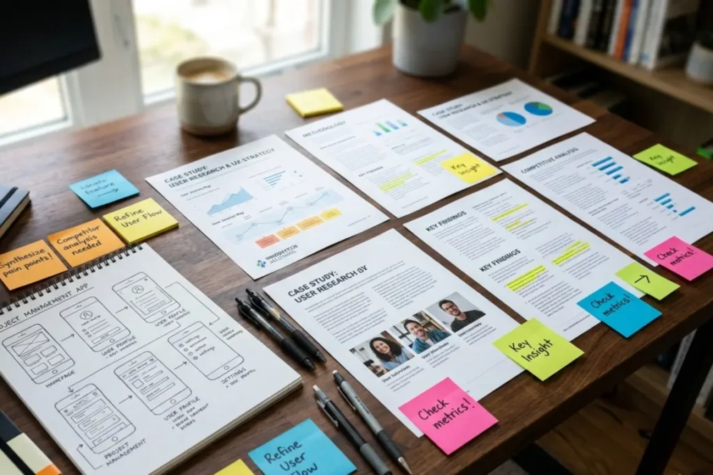 UI UX designer career portfolio case study showing research process and wireframe iterations