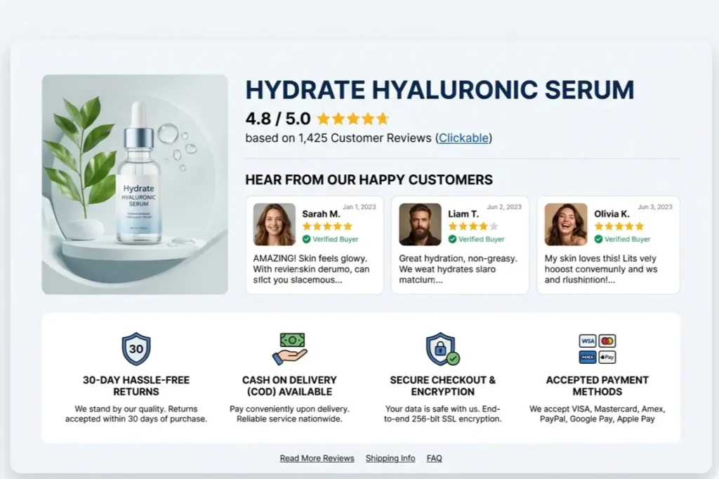 ecommerce trust signals india product page reviews return policy COD badge