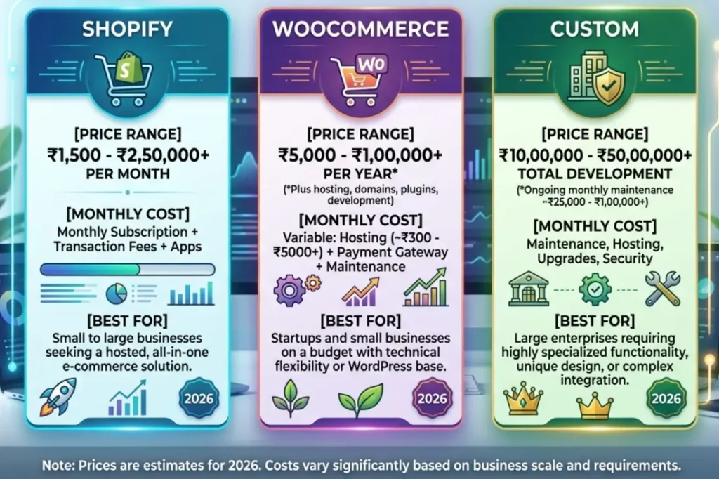 shopify website development cost india 2026 vs woocommerce custom comparison Resource Geeks Networks