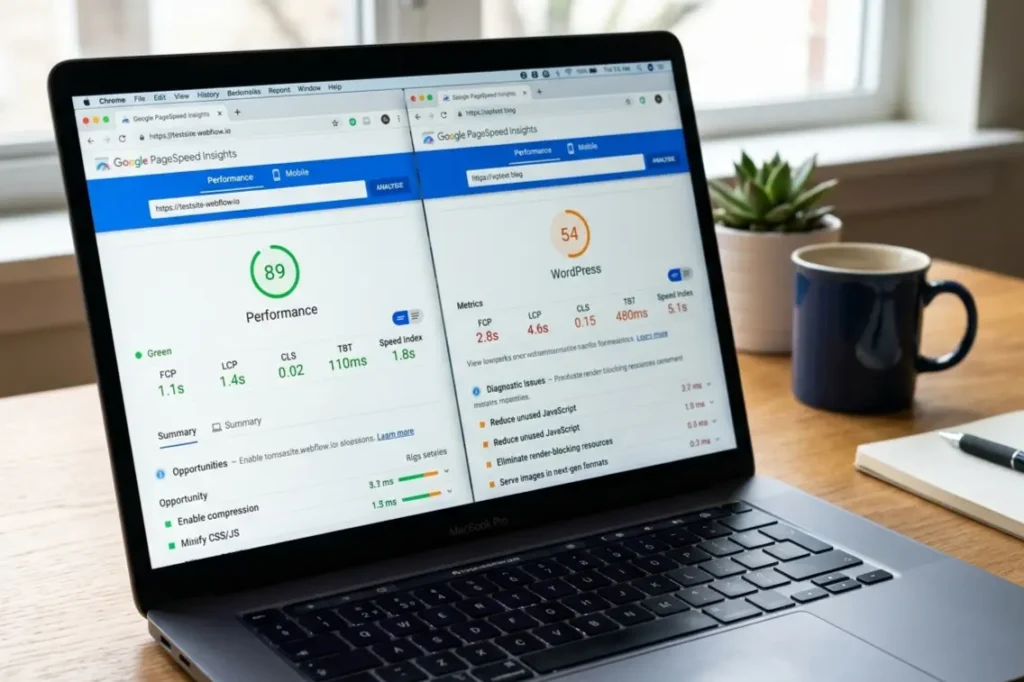 Webflow vs WordPress SEO performance comparison showing Google PageSpeed mobile scores for Indian business websites 2026