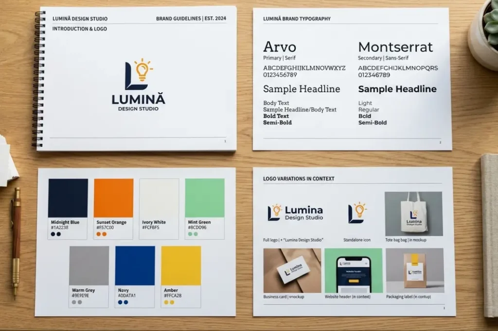 Brand style guide and identity deliverables created by branding agency in Bangalore for D2C startup including logo colour and typography