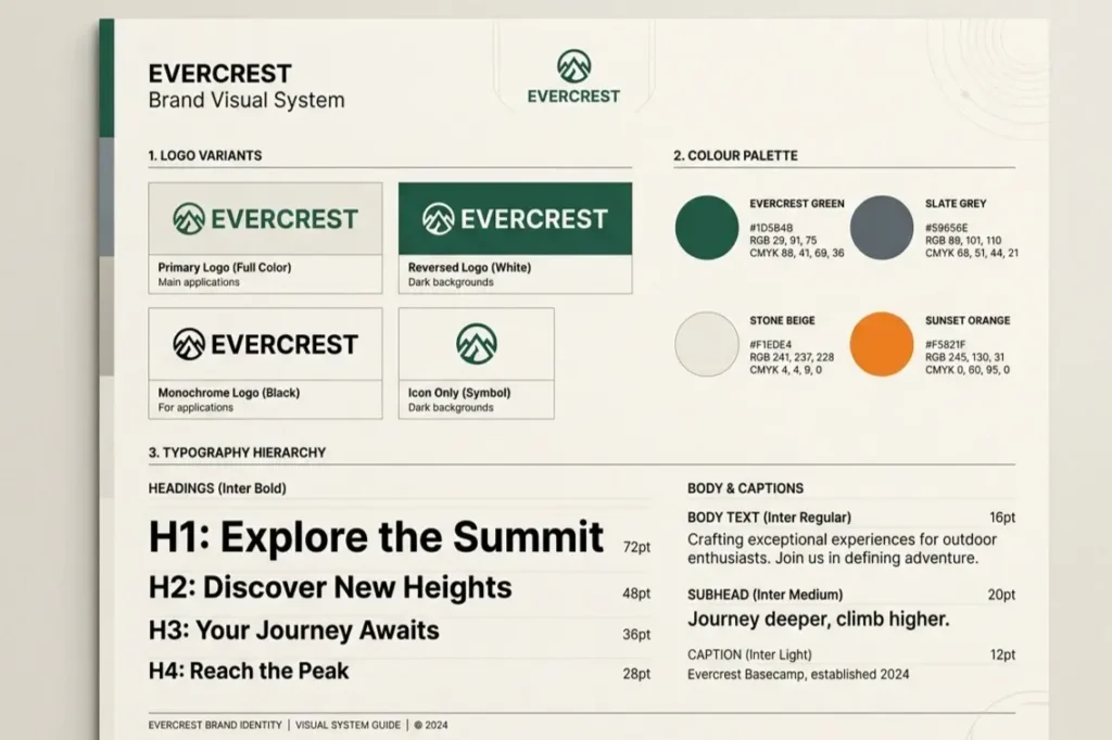 Integrated brand visual system showing logo variations, colour codes, and typography hierarchy on one design sheet