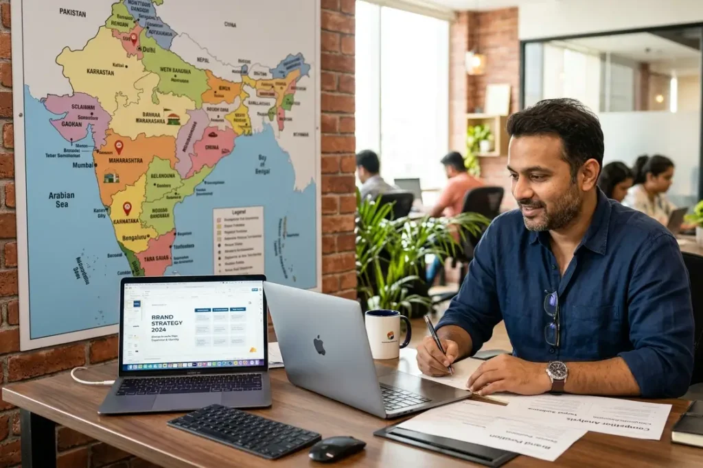 Indian business founder reviewing rebranding strategy document on laptop at desk