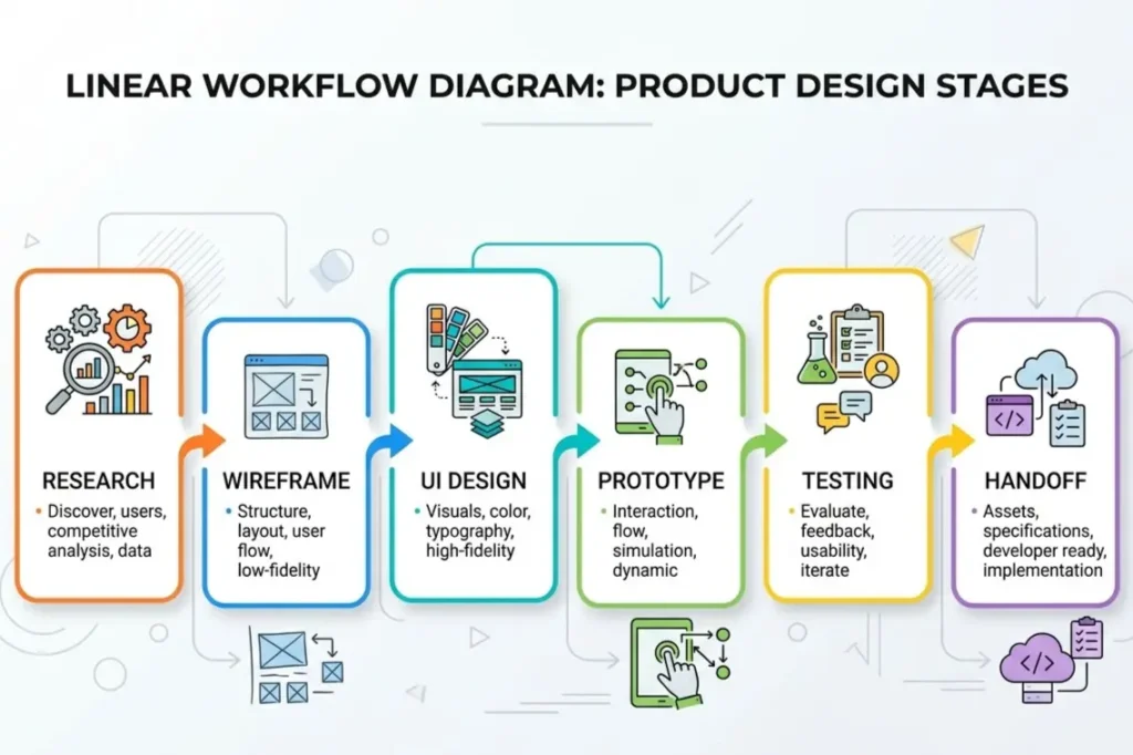 UI UX design process diagram showing six stages from research to development handoff.