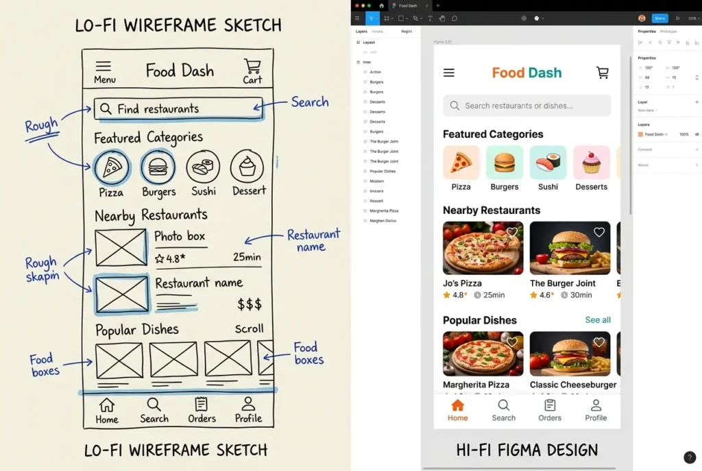 Comparison of low fidelity and high fidelity wireframes showing the steps in UI UX design