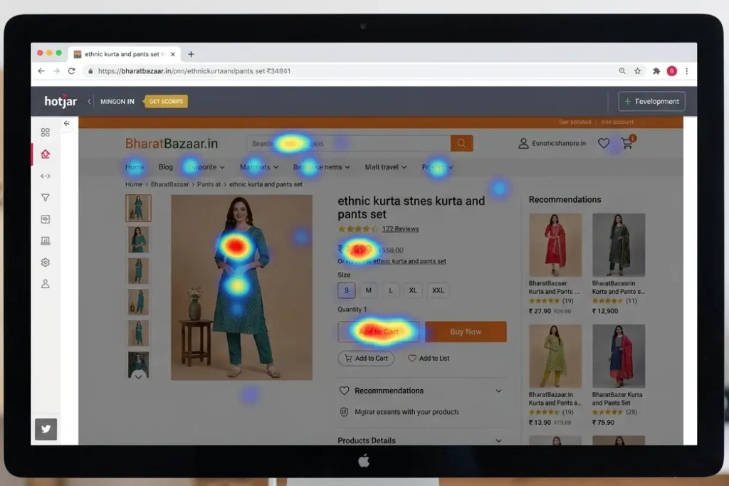 Hotjar heatmap showing user research analytics for a UI UX design project on an Indian e-commerce site