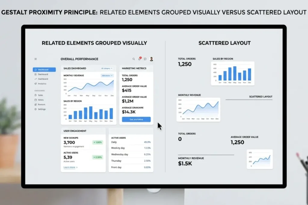Gestalt proximity principle in UI UX design showing grouped versus unorganised interface elements