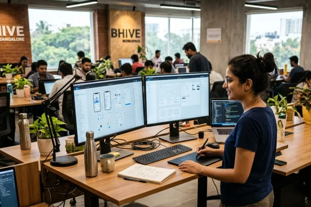 UI UX designer working at a product startup co-working space in Bangalore 2026