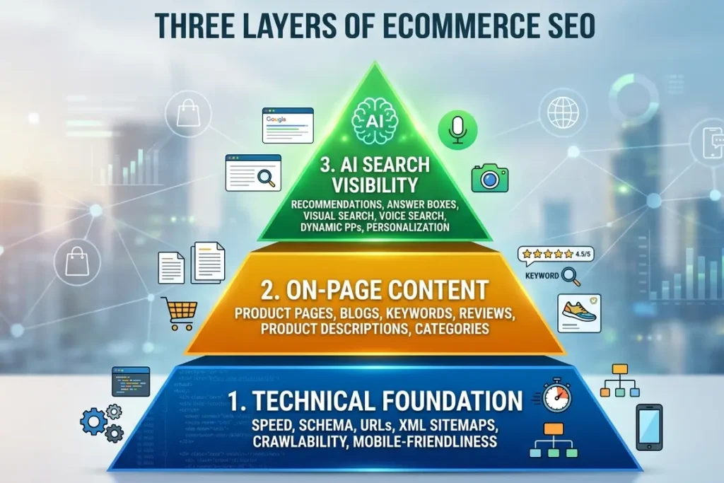 SEO architecture for ecommerce website development showing technical foundation and AI search optimisation