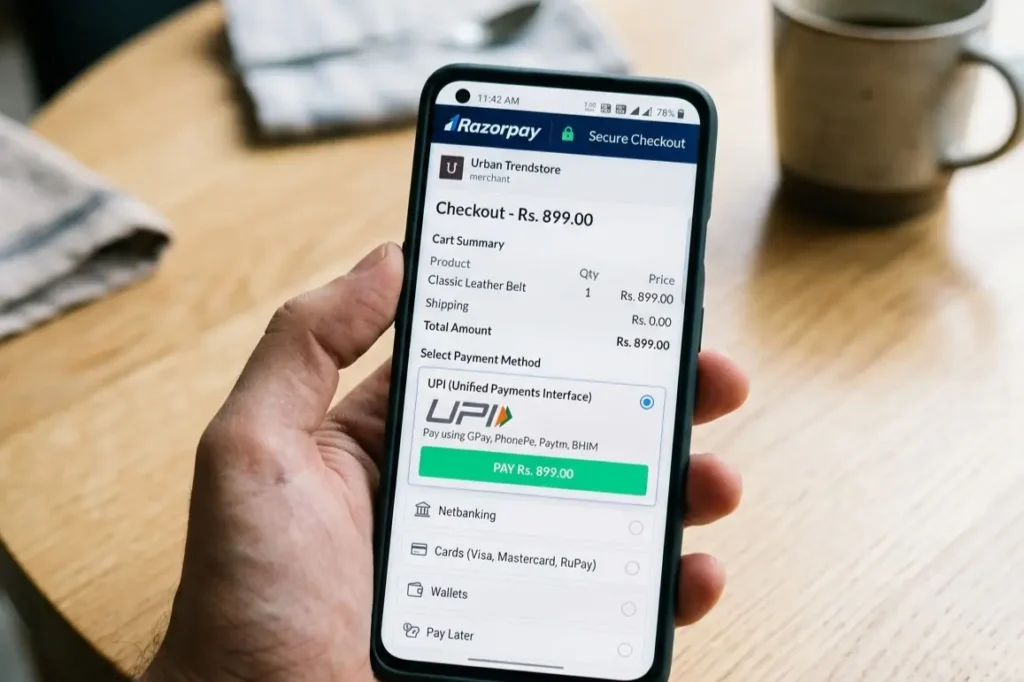 Mobile checkout UPI payment option on Indian D2C ecommerce store with Razorpay integration showing rupee pricing